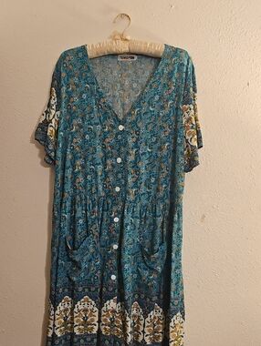 Temofon Teal Floral Midi Dress with Button Front